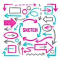 Hand draw sketch vector illustrations - creative sign set. Arrows, rectangles and ovals marker design elements. Abstract shapes. Royalty Free Stock Photo