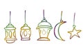 Simple Hand Draw Sketch Vector, Lantern, Star and Moon, Element Design or Template for Ramadan Kareem Greeting Card, Banner, Flyer