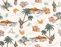 Hand Draw Summer Tropical Palm Tree Island Resort Seamless Pattern summer fruits