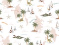 Hand Draw Summer Tropical Palm Tree Island Resort Seamless Pattern summer fruits