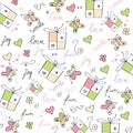 hand draw texture - seamless pattern with hearts, gifts, butterflies, flowers and texts