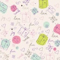 hand draw texture - seamless pattern with hearts, gifts, butterflies, flowers and texts