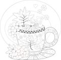 Hand draw vector coloring book for adult. Teatime. Cups of tea, fruits and flowers