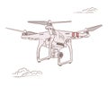 Hand draw vector illustration remote control aerial vehicle, quadrocopter. Air drone hovering. Drone flying sketch. Royalty Free Stock Photo