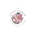 Hand draw vector lotus flowers logo illustration. Floral wreath. Botanical floral emblem with typography on white