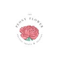 Hand draw vector peony flowers logo illustration. Floral wreath. Botanical floral emblem with typography on white