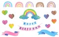 Hand draw watercolor illustration. Cute rainbows and hearts.