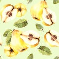 Hand draw watercolor illustration yellow quince whole and cut fruit with leaves. Seamless pattern Royalty Free Stock Photo
