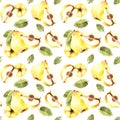 Hand draw watercolor illustration yellow quince whole and cut fruit with leaves. Seamless pattern Royalty Free Stock Photo