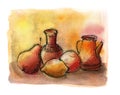 Hand draw watercolor still life jugs, ceramics, oriental utensils