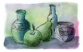 Hand draw watercolor still life jugs, ceramics, oriental utensils