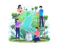 Hand Draw World Environment Day concept with People taking care of the earth. Save the planet, save energy. Earth Day concept Royalty Free Stock Photo