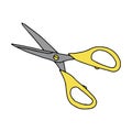 Hand-draw yellow and gray vector illustration of metallic scissors items isolated on a white background