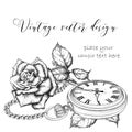 Hand drawi vintage postcard. A pocket watch on a chain and flowers. Vector illustration Royalty Free Stock Photo