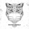 Hand drawing Animal cheetah wearing face medical mask. Covid-19 protection methods. Coronavirus Quarantine Warning.