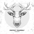 Hand drawing Animal deer wearing face medical mask. Covid-19 protection methods. Coronavirus Quarantine Warning.