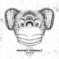 Hand drawing Animal Koala wearing face medical mask. Covid-19 protection methods. Coronavirus Quarantine Warning.