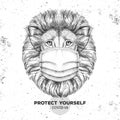 Hand drawing Animal lion wearing face medical mask. Covid-19 protection methods. Coronavirus Quarantine Warning.