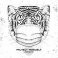 Hand drawing Animal tiger wearing face medical mask. Covid-19 protection methods. Coronavirus Quarantine Warning.