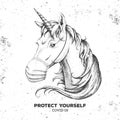 Hand drawing Animal unicorn wearing face medical mask. Covid-19 protection methods. Coronavirus Quarantine Warning.