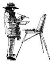 Hand drawing of artist in hat with brush and palette in his hands and with picture on tripod painting outdoors