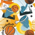 Hand drawing basketball graffiti pattern. Abstract fashion orange ball and basket, for sport t-shirt or wallpaper design