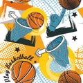 Hand drawing basketball graffiti pattern. Abstract fashion orange ball and basket for T-shirt or wallpaper. Sport game