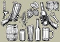 Hand drawing of beer objects in set