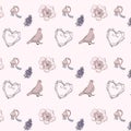 Hand drawing black lineart watercolor floral lavender heart bird pattern