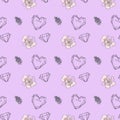 Hand drawing black lineart watercolor floral lavender heart pink pattern