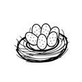 Hand drawing black vector Illustration of a bird nest with a group of six eggs isolated on a white background Royalty Free Stock Photo