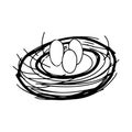 A Hand drawing black vector Illustration of a bird nest with a group of three eggs isolated on a white background Royalty Free Stock Photo