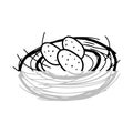 A Hand drawing black vector Illustration of a bird nest with a group of three eggs isolated on a white background Royalty Free Stock Photo