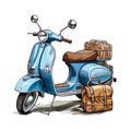 hand drawing blue italian vintage motorbike with brown lether seat, parasol stuck in luggage carrier, white background, Generative