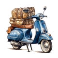 hand drawing blue italian vintage motorbike with brown lether seat, parasol stuck in luggage carrier, white background, Generative