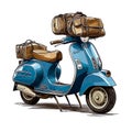 hand drawing blue italian vintage motorbike with brown lether seat, parasol stuck in luggage carrier, white background, Generative