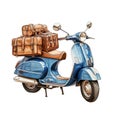 hand drawing blue italian vintage motorbike with brown lether seat, parasol stuck in luggage carrier, white background, Generative