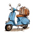 hand drawing blue italian vintage motorbike with brown lether seat, parasol stuck in luggage carrier, white background, Generative