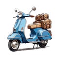 hand drawing blue italian vintage motorbike with brown lether seat, parasol stuck in luggage carrier, white background, Generative