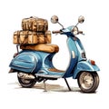 hand drawing blue italian vintage motorbike with brown lether seat, parasol stuck in luggage carrier, white background, Generative