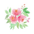 Hand drawing boho watercolor floral illustration with pink flowers, branches, berries, leaves