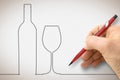 Hand drawing a bottle of wine with a wineglass - concept image with a single line design