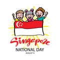 Hand drawing boy and girl holding National Singapore flag.