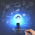 Hand drawing business strategy and light bulb Royalty Free Stock Photo