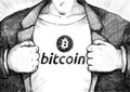 Hand drawing businessman ripping off shirt with bitcoin logo.