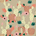 Hand drawing Cactus Plant Seamless Pattern. Exotic Tropical Summer Botanical Background in Vector Royalty Free Stock Photo