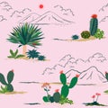 Hand drawing cactus and succulent plants seamless pattern.Colorful exotic tropical botanical plant on sweet pink background Royalty Free Stock Photo