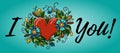 Hand drawing calligraphy I Love You and red heart decorated flowers and leaves. Banner I love you for Valentines Day. Royalty Free Stock Photo