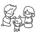 Hand drawing cartoon happy family. abstract character mother father wear masks take care of little boy during virus outbreak Royalty Free Stock Photo