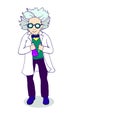 Hand drawing cartoonish bright character, mad scientist conducting experiments, sketch style, funny chemist with gray hair, big r